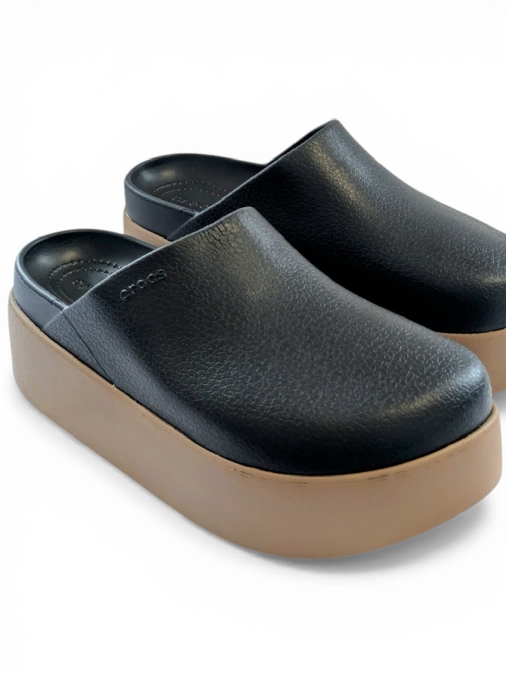 CROCS Black Upper with Tan Platform Clog Slides